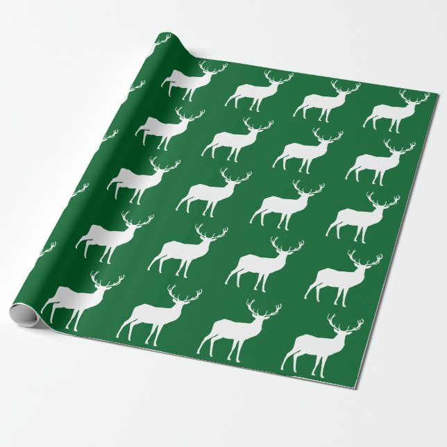 White Deer on Green Wrapping Paper (Unrolled)