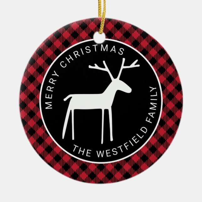 White Deer Red Buffalo Plaid Merry Christmas Name Ceramic Ornament (Front)