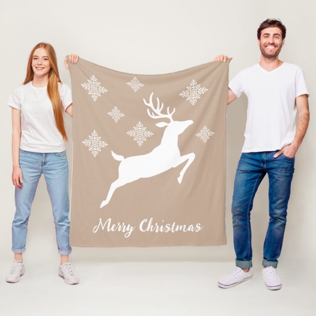 White Deer Shape On Beige With Snowflakes & Text Fleece Blanket (In Situ)
