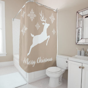 White Deer Shape On Beige With Snowflakes & Text Shower Curtain