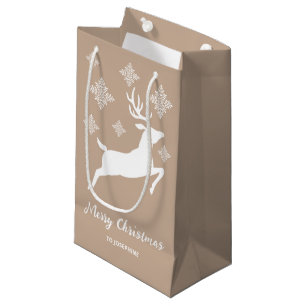 White Deer Shape On Beige With Snowflakes & Text Small Gift Bag