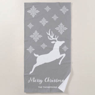 White Deer Shape On Grey With Snowflakes & Text Beach Towel