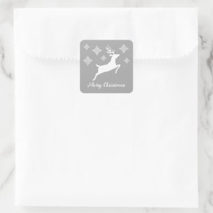 White Deer Shape On Grey With Snowflakes & Text Square Sticker