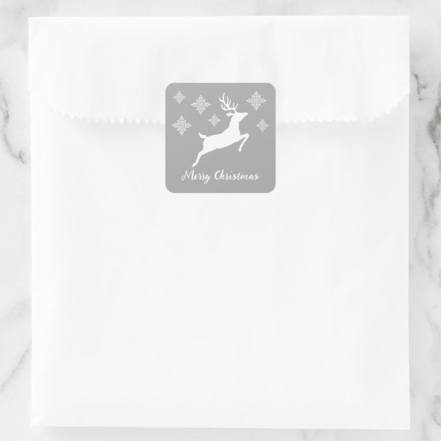 White Deer Shape On Grey With Snowflakes & Text Square Sticker (Bag)