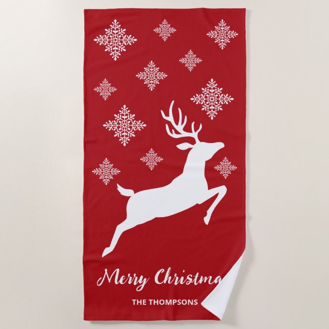 White Deer Shape On Red With Snowflakes & Text Beach Towel (Front)