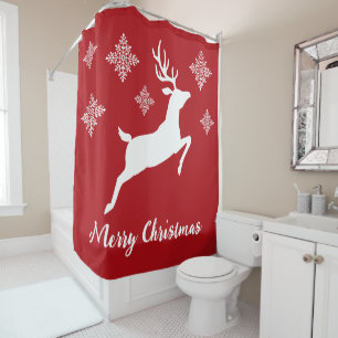 White Deer Shape On Red With Snowflakes & Text Shower Curtain