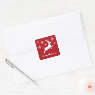 White Deer Shape On Red With Snowflakes & Text Square Sticker