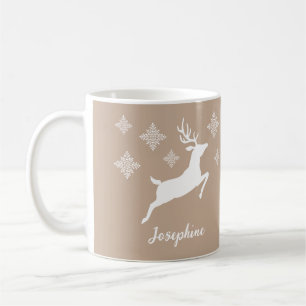 White Deer Shapes On Beige With Snowflakes & Name Coffee Mug