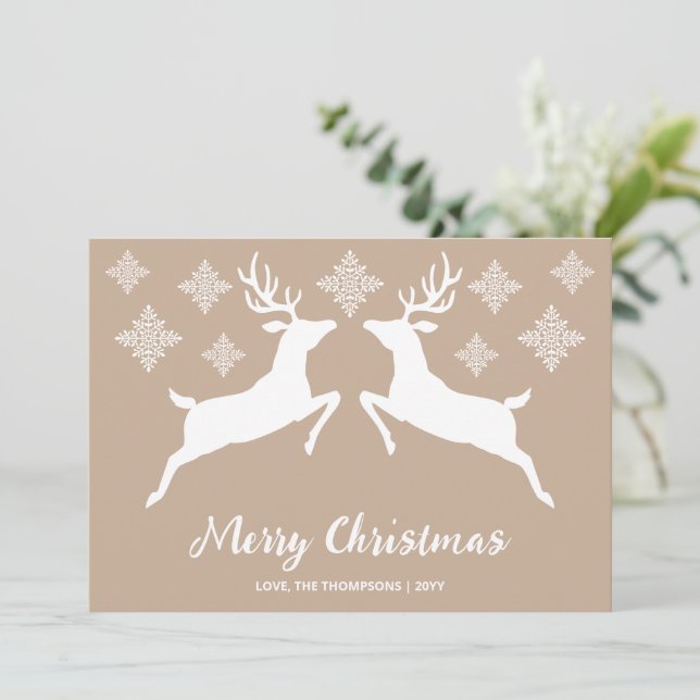 White Deer Shapes On Beige With Snowflakes & Text Holiday Card (Standing Front)