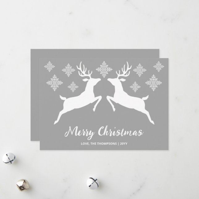 White Deer Shapes On Grey With Snowflakes & Text Holiday Card (Front/Back In Situ)