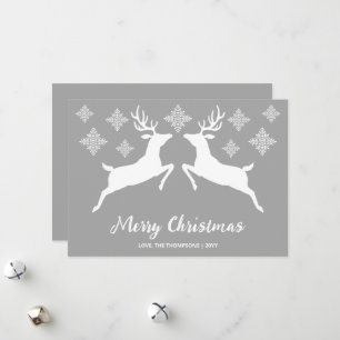 White Deer Shapes On Grey With Snowflakes & Text Holiday Card