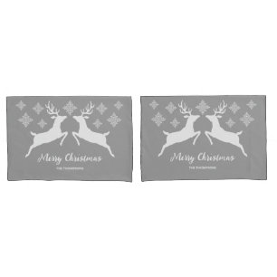 White Deer Shapes On Grey With Snowflakes & Text Pillowcase