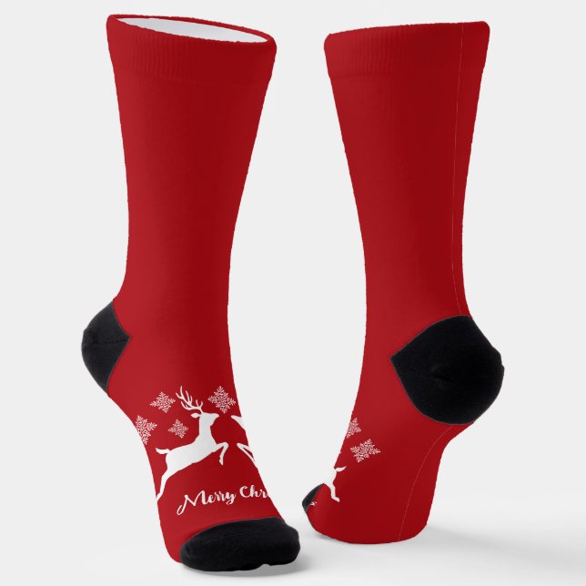 White Deer Shapes On Red With Snowflakes & Text Socks (Angled)