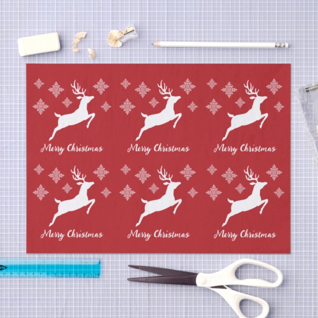 White Deer Shapes On Red With Snowflakes & Text Tissue Paper (Craft)