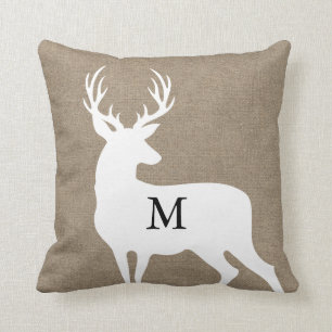 White Deer Silhouette Monogram Pillow