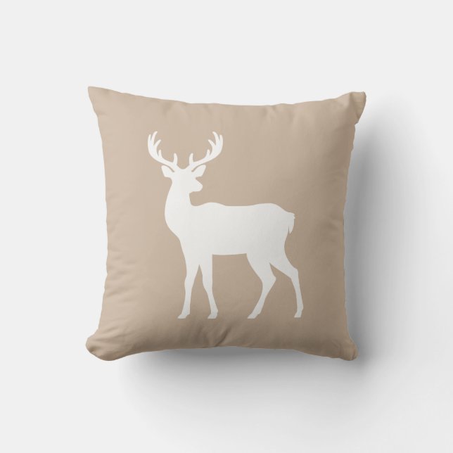 White Deer Silhouette On Beige Elegant Christmas Cushion (Front)