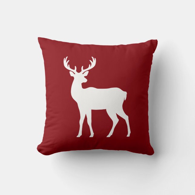 White Deer Silhouette On Red Stylish Christmas Cushion (Front)