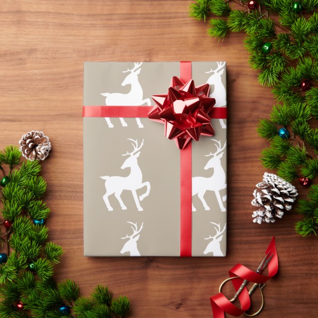 White Deer Silhouette Pattern On Beige Wrapping Paper (Holiday Gift)
