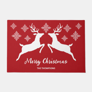 White Deer Silhouettes On Red With Snowflakes Doormat