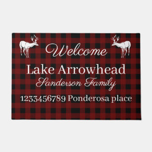 White deer silhouettes Red Black Buffaloe check  Doormat