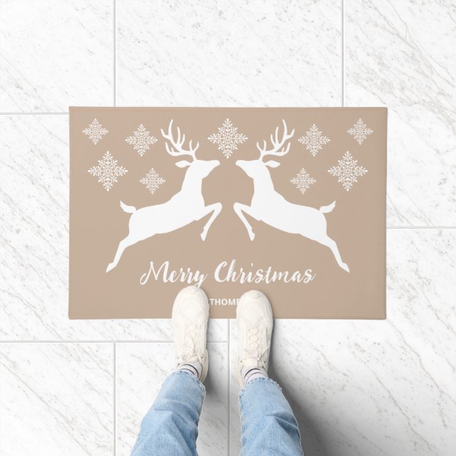 White Deers Facing Each Other On Beige & Text Doormat (Indoor)