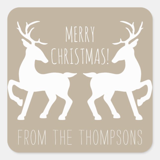 White Deers On Beige & Personalised Name Christmas Square Sticker (Front)