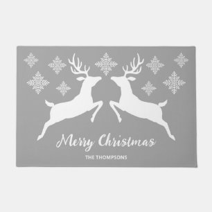 White Deers On Grey With Merry Christmas Text Doormat