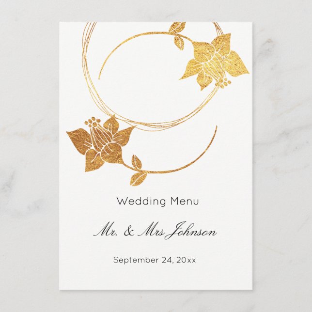 White Delicate Gold Floral Wedding Event Menu (Front)