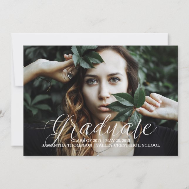 White Delicate Script Photo Graduation Announcement (Front)