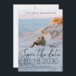 White Delicate Thin Script Photo Save The Date<br><div class="desc">Simple,  Minimal,  and Elegant Photo Save the Date Card with a delicate thin calligraphy script font overlay printing in black ink with large wedding date numbers. Upload your favourite engagement couple photo and customise the template by selecting any colours and fonts you want for your wedding announcements.</div>