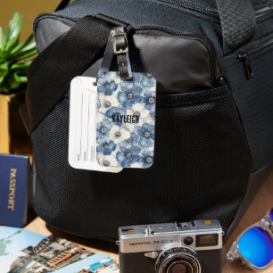 White Denim Blue Flowers Luggage Tag