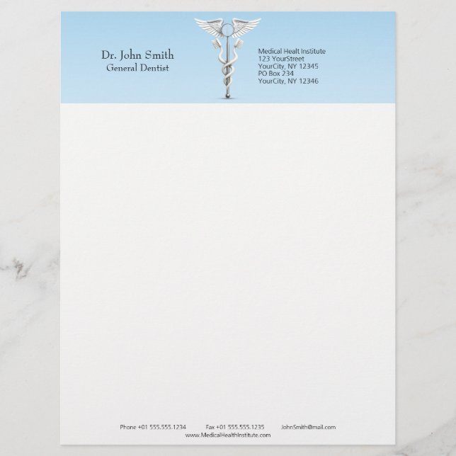 White Dental Mirror Toothbrush Medical Caduceus Custom Letterhead (Front)