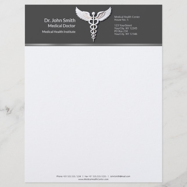 White Detailed Clean Caduceus Warm Grey Medical Custom Letterhead (Front)
