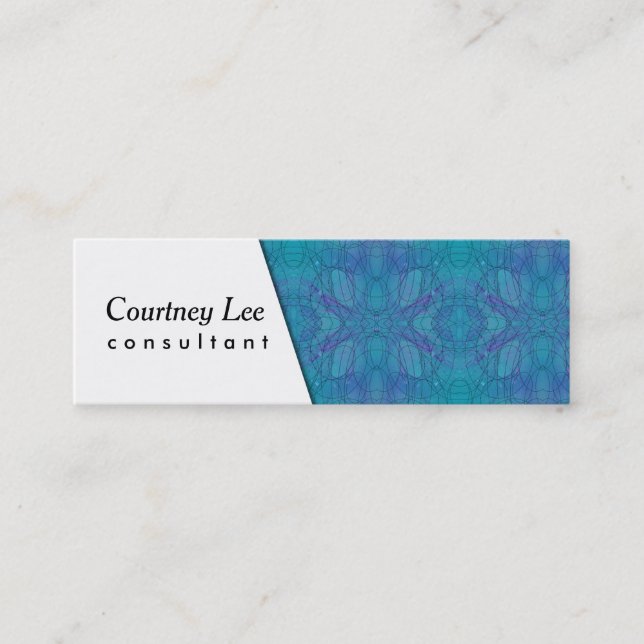 White Diagonal & Kaleidoscopic Blue, Green, Purple Mini Business Card (Front)