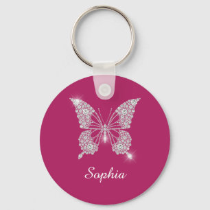 White Diamond Butterfly, DIY Name, Dark Fuchsia Key Ring