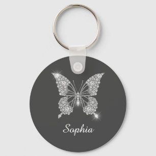 White Diamond Butterfly, DIY Name, Dark Grey Key Ring