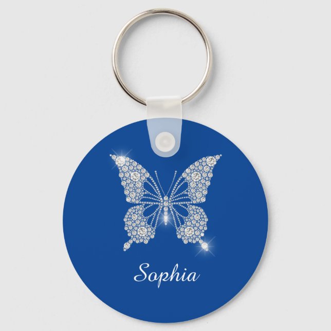 White Diamond Butterfly, DIY Name, Deep Blue Key Ring (Front)