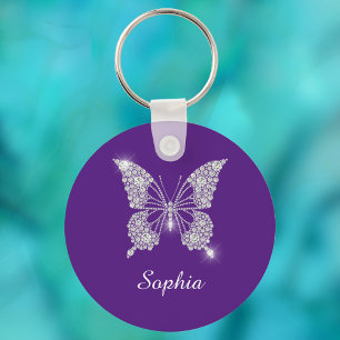 White Diamond Butterfly, DIY Name, Royal Purple Key Ring