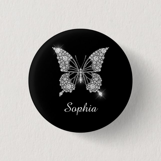 White Diamond Butterfly, DIY Script Name, Black 3 Cm Round Badge (Front)