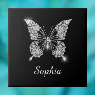 White Diamond Butterfly, DIY Script Name, Black Ceramic Tile