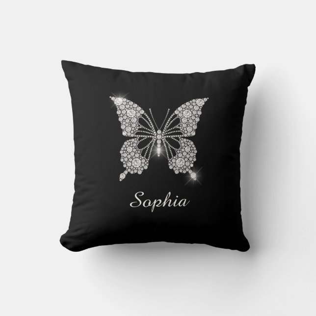 White Diamond Butterfly, DIY Script Name, Black Cushion (Front)