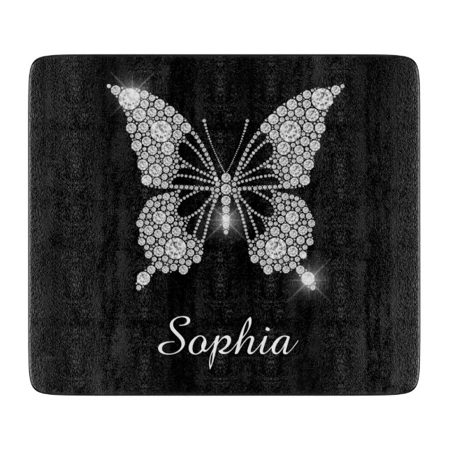 White Diamond Butterfly, DIY Script Name, Black Cutting Board (Front)
