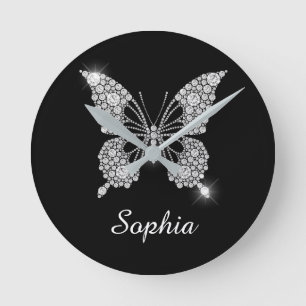 White Diamond Butterfly, DIY Script Name, Black Round Clock