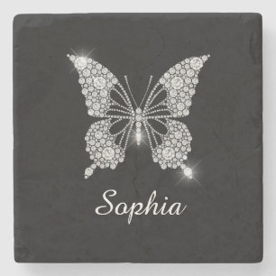 White Diamond Butterfly, DIY Script Name, Black Stone Coaster
