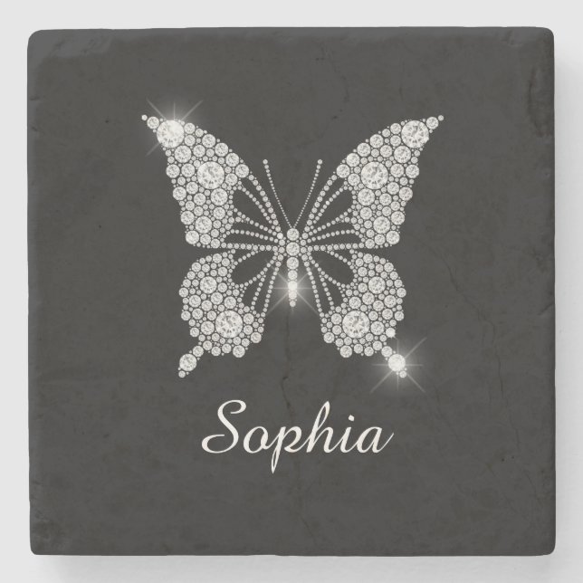 White Diamond Butterfly, DIY Script Name, Black Stone Coaster (Front)