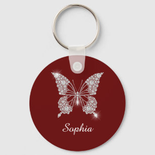 White Diamond Butterfly, DIY Script Name, Dark Red Key Ring
