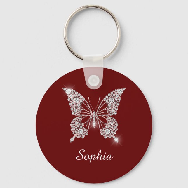 White Diamond Butterfly, DIY Script Name, Dark Red Key Ring (Front)