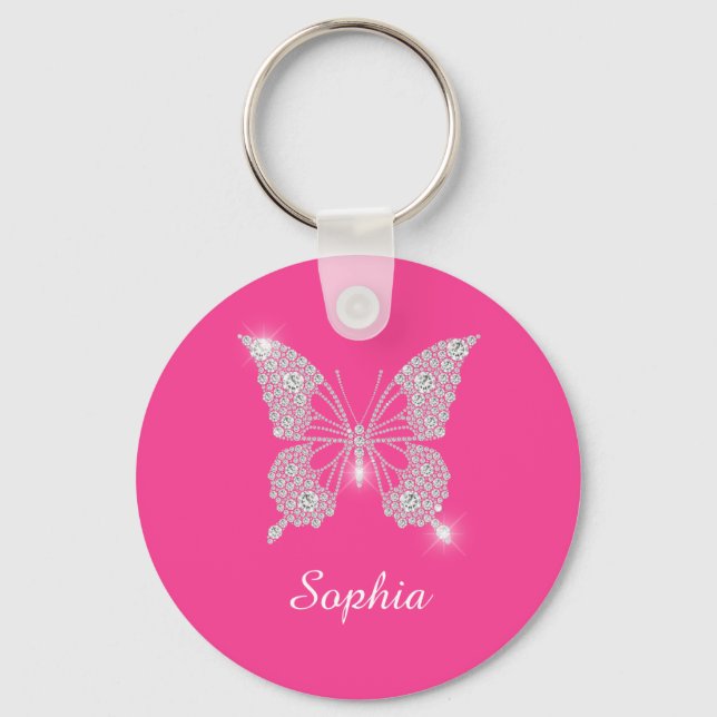 White Diamond Butterfly, DIY Script Name, Fuchsia Key Ring (Front)
