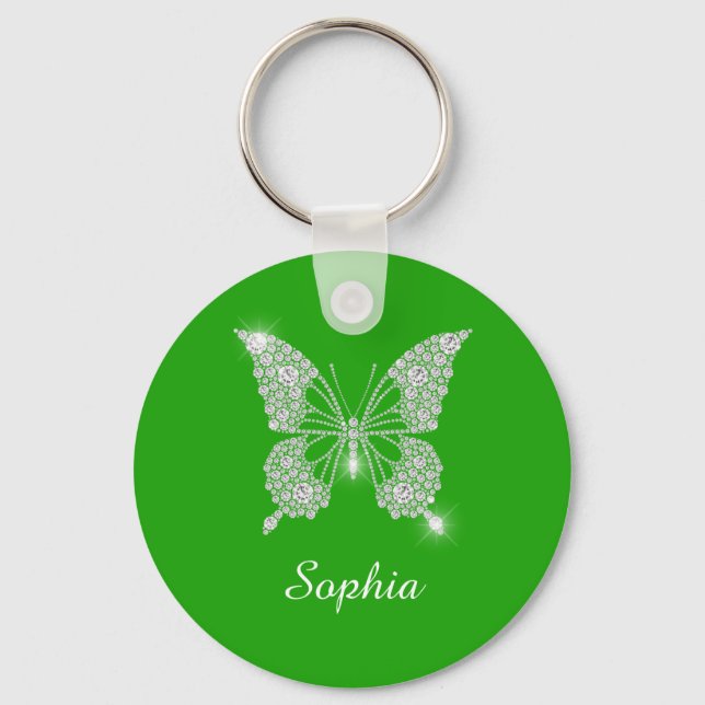 White Diamond Butterfly, DIY Script Name, Green Key Ring (Front)