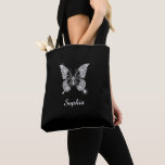 White Diamond Butterfly, Script Name, Black Tote Bag<br><div class="desc">A classy white diamond butterfly design to personalise with white script name on black background.</div>